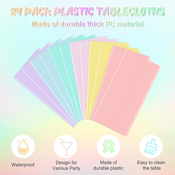 24Pcs Pastel Tablecloths, Rainbow Mix Color Plastic Tablecloth Disposable Rectangle Table Covers for Baby Shower,Bridal,Wedding, Easter,Birthday and Ice Cream Party Decoration, 54 x 108 Inch