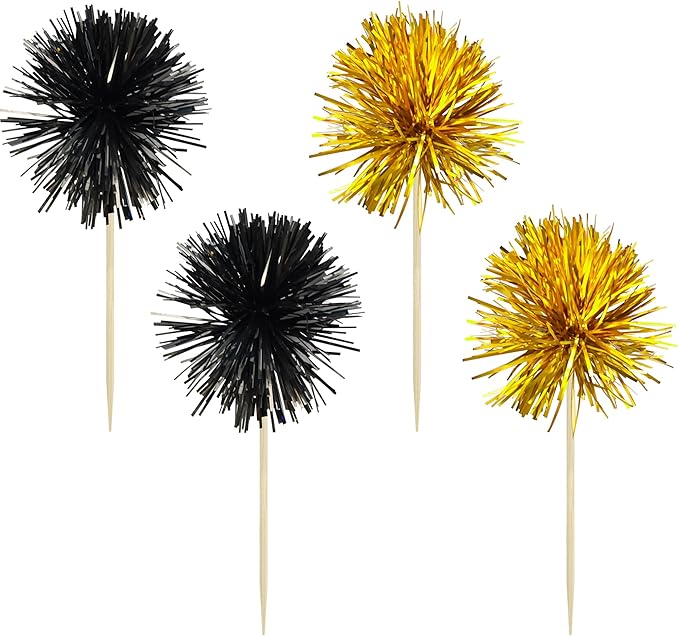 Gyufise 30Pcs Foil Firework Cupcake Toppers Sparkle Tinsel Cake Toppers Tinsel Drink Cake Decoration Cocktail Picks for Birthday Wedding Graduation Party Supplies Gold Black