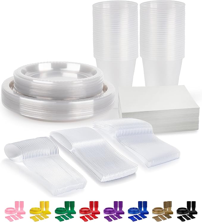 Grandipity 350 Piece Clear Disposable Dinnerware Set, Includes 50 of Each: 9" Dinner Plates, 7" Dessert Plates, 12oz Cups, Paper Napkins, Forks, Knives & Spoons
