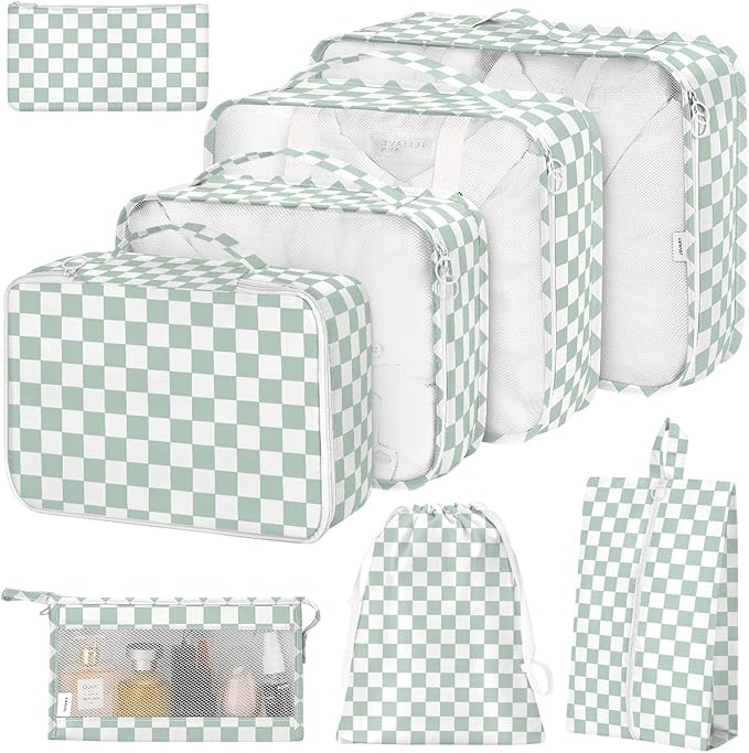 8 Set Packing Cubes for Suitcases,Suitcase Organizer with Shoe,Cosmetics,Clothing, and Accessories Bags for Travel Luggage Organizer Women Men(Green Checkered)