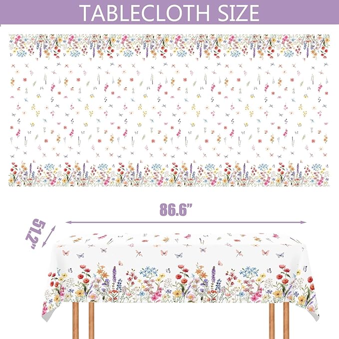 2 Pcs Wildflower Tablecloth Spring Summer Floral Table Cover for Butterfly Wildflowers Theme Picnic Dining Holiday Weeding Baby Shower Birthday Tea Party Table Supplies Decorations