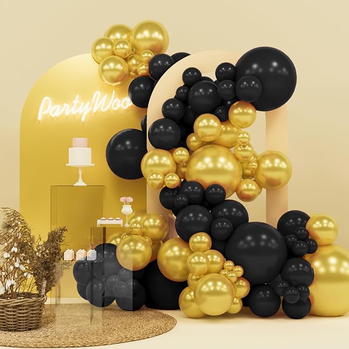 PartyWoo Black and Glod Balloons 140pcs Different Sizes of 18 12 10 5 Inch Black and Metallic gold Balloon Arch Kit for Birthday New Year's Eve Graduation Bachelorette Retirement Party Decorations