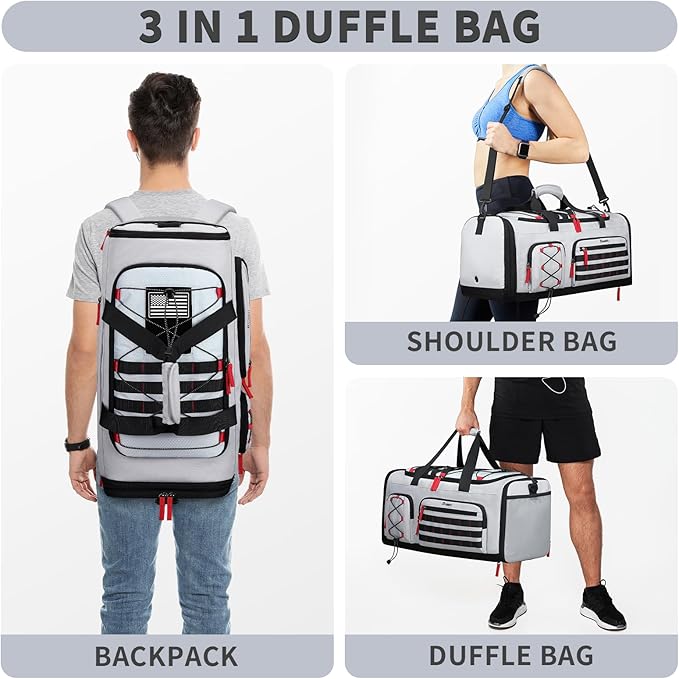 Bosstin Gym Bag for Men & Women, 45L Travel Duffle Sports Duffel Bag Gym Weekender Overnight Backpack with Shoe Compartment (Grey)