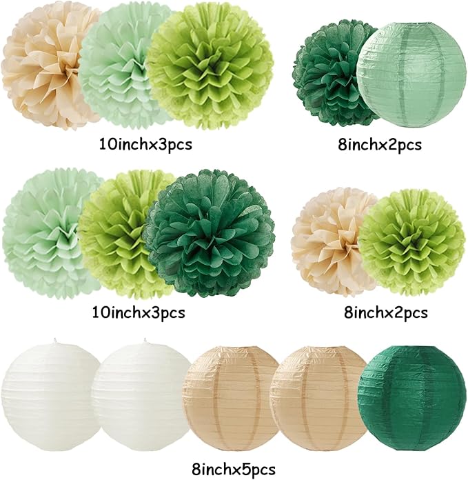 Sage Green-Boho Party-Decorations Paper Flowers Lanterns - 15PCS Birthday Gender Neutral Baby Shower Tissue Pom Poms Streamers, Champagne Gold Rustic Wedding Graduation Hanging Supplies Decor Hugfond