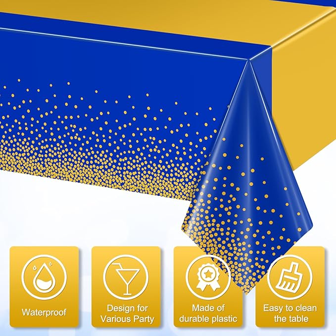 12Pcs Blue Gold Tablecloth Party Decorations,Plastic Royal Blue Table Cloth Printed Gold Tables Runner Disposable Rectangle Table Cover for Birthday Anniversary Wedding Graduation Party,54 x108 Inch