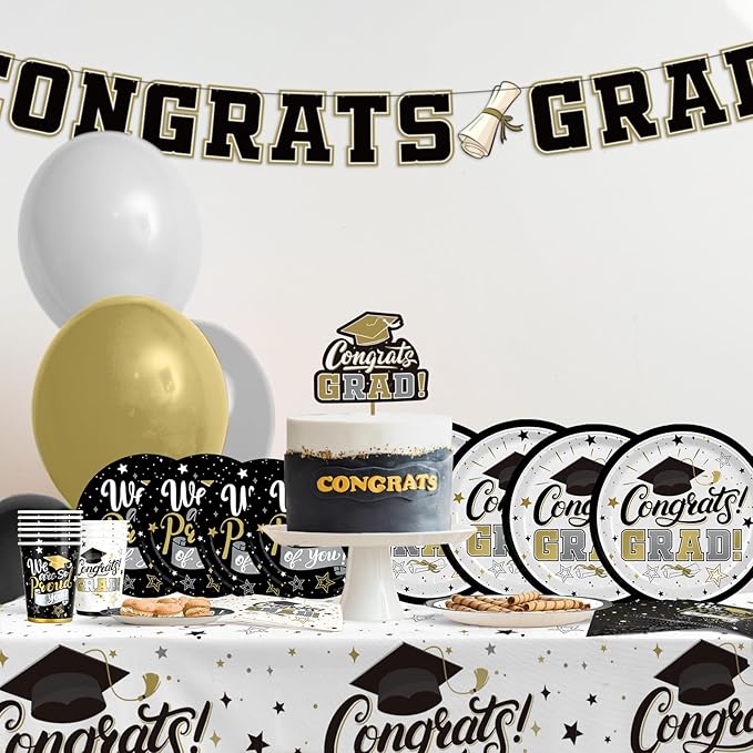Graduation Decorations 2025 Black and Gold Grad Party Supplies with Disposable Plates, Napkins, Tablecloth, Cups and Congrats Grad Banner for 24 Guests - Graduation Party Decorations