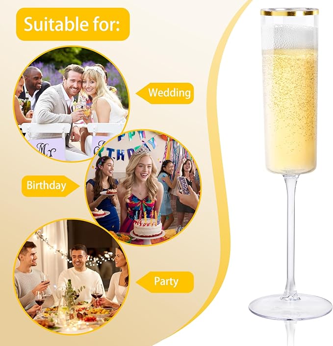 Ciaell 24 Pack Plastic Champagne Flutes - 6Oz Gold Rim Disposable Champagne Glasses - Square Clear Plastic Toasting Glasses for Party Birthday Anniversary Wedding