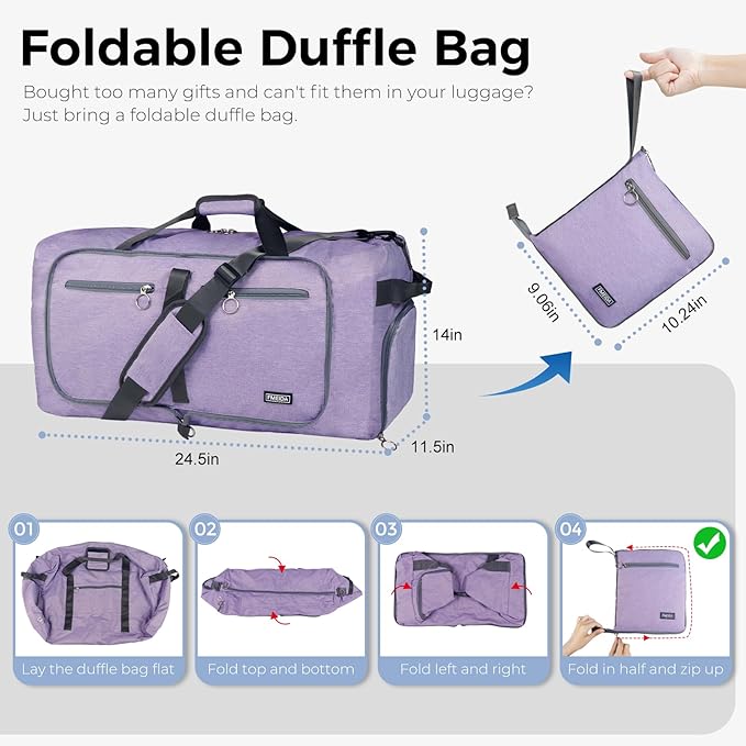 Fmeida 65L Duffle Bag with Shoes Compartment, Foldable Travel Duffel Bags for Men Women, Large Packable Travel Bag Water Repellent & Tear Resistant (Purple)