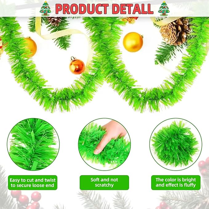 33FT Christmas Tinsel Garland Lime Green Metallic Hanging Twisted Garland for Christmas Tree Fireplace Mantle Xmas Party Home Decoration