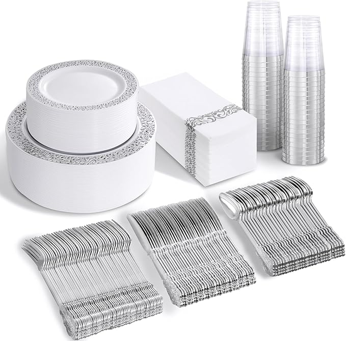 bUCLA 350PCS Silver Plastic Dinnerware Set - Silver Plates Disposable Lace Design for 50 Guests Include 100 Plates,50 Forks,50 Knives,50 Spoons,50Cups,50 Napkins,Ideal for Party,Wedding&Christmas