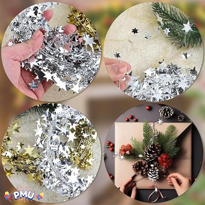 PMU 150 Ft Star Wire Shiny Garland Silver - Halloween, Christmas Party, Wedding, Birthday, Festive Home Decoration Ornament Silver (6pc-25Ft Each)