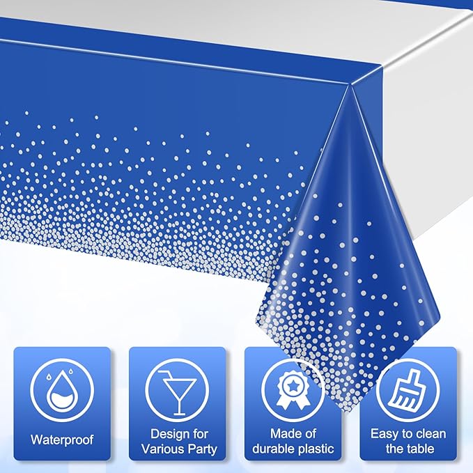 1Pcs Blue Silver Tablecloth Party Decorations,Plastic Royal Blue Table Cloth Printed Silver Table Runner Disposable Rectangle Tables Cover for Anniversary Wedding Graduation 2024 Party,54 x108 Inch