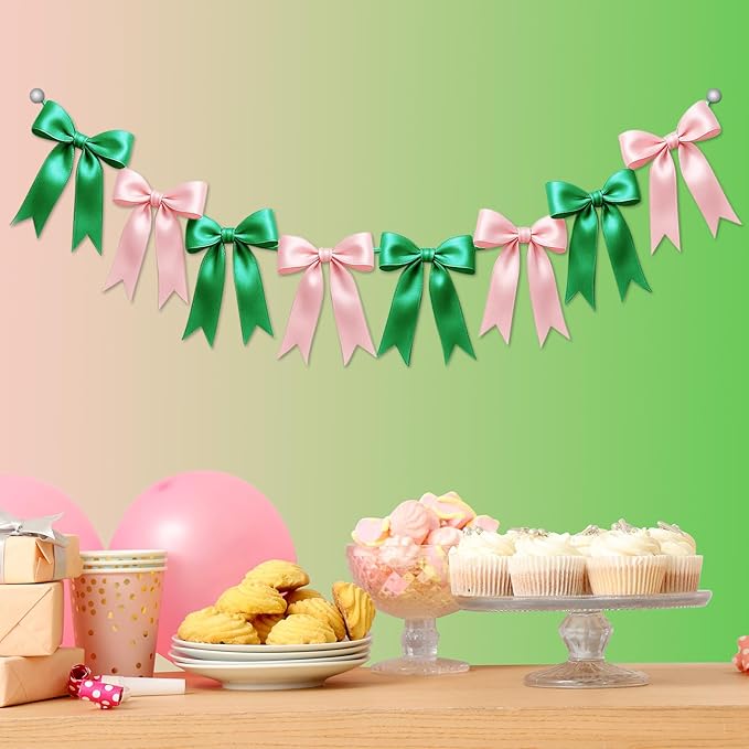 1 String of 8PCS Pink&Green Bow Garland Banner Wicked Party Decoration,Pre-Strung Satin Ribbon Ornaments for Birthday,Bachelorette Party,Wedding,Engagement,Baby Shower,Graduation Decor,Anniversary