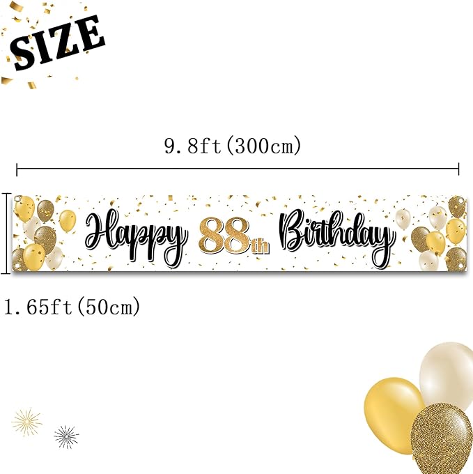 Happy 88th Birthday Decorations,88th Gold Balloon Large Birthday Hanging Banner Sign - Cheers to 88 Years Old Bday Party Supplies.