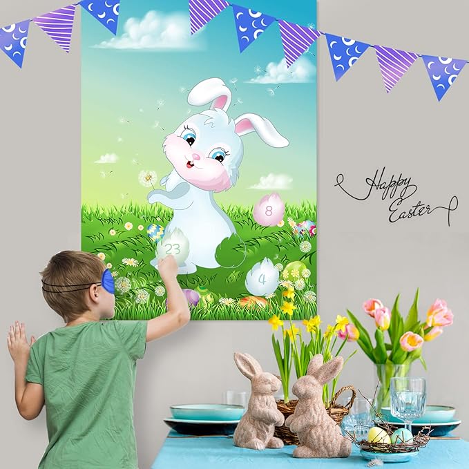 ASTARON Pin The Tail on The Bunny Game for Birthday Party, Easter Party Game with 24 pcs Tail Stickers for Happy Easter Party Decoration Supplies