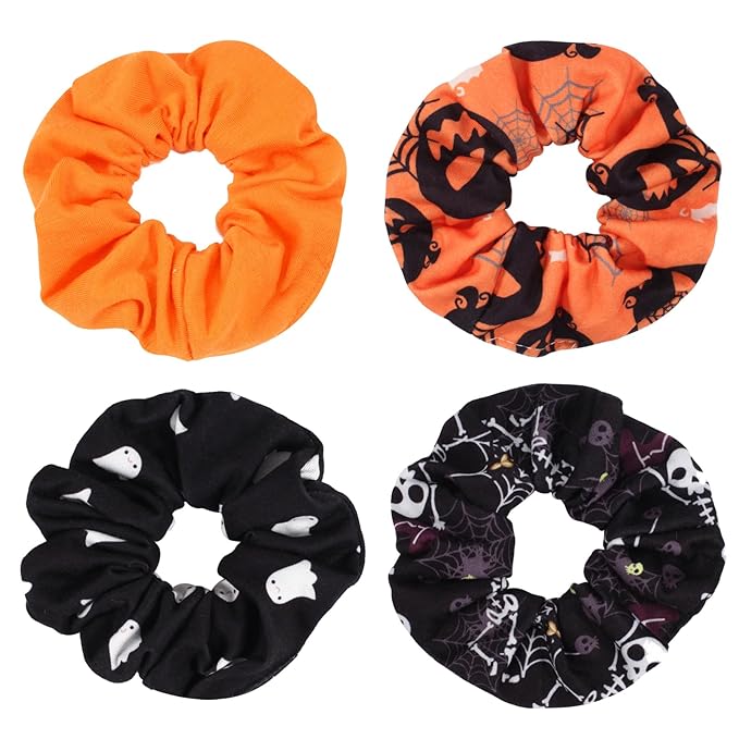 Halloween Hair Scrunchies Spooky Orange Pumpkin Scrunchies Skull Ghosts Bat Spider Web Skeleton Hair Ties for Women Girls Elastics Hair Tie Halloween Gifts Hair Accessories