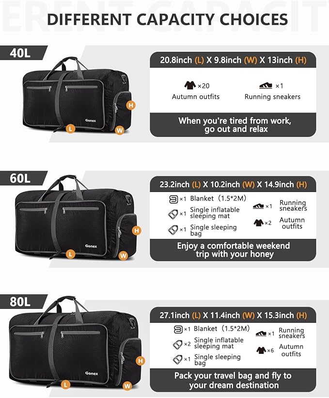 Gonex 40L 60L 80L 100L 150L Large Foldable Travel Duffle Bag with Shoes Compartment, Packable Lightweight Water Repellent Duffel Bag for Camping Gym Weekender Bag