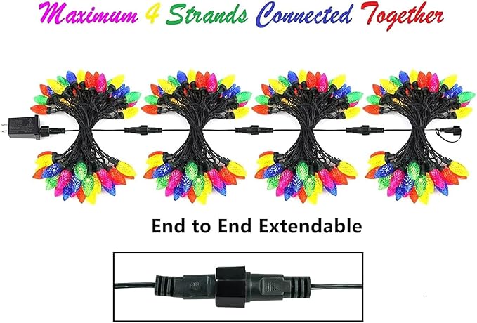KAQ 2PK 100LED Multicolor C9 Christmas Lights Waterproof Indoor Outdoor, Extendable 98FT String Lights Plug in with 13 Lighting Modes, Christmas Decorations for Party Patio, Xmas Outside Yard Decor
