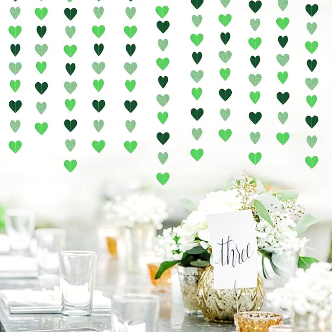 Green Party-Decorations Heart Paper-Garland Streamers-Banner - 52Ft St Patricks Day Decorations, Spring Summer Birthday Wedding Engagement Baby Shower Hanging Decor Ouruola