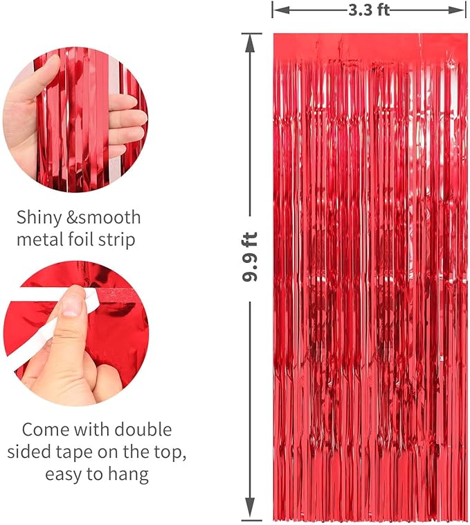 Crosize 2 Pack 3.3 x 9.9 ft Red Foil Fringe Curtains Party Decorations, Red Tinsel Curtain Backdrop for Valentine‘s Day Parties, Door Streamers, Glitter Streamer Fringe Backdrop for Birthday