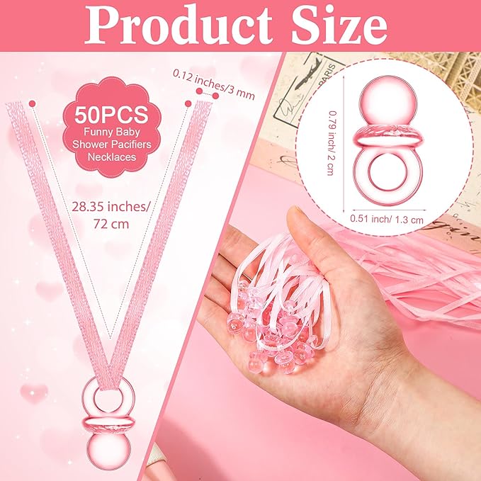 Geetery 51 Pcs Don't Say Baby Game Sign Cool Baby Shower Game 50 Pacifier Necklace Wooden Don't Say Sign Plastic Pacifier Party Favor for Gender Reveal(Bee,Pink)