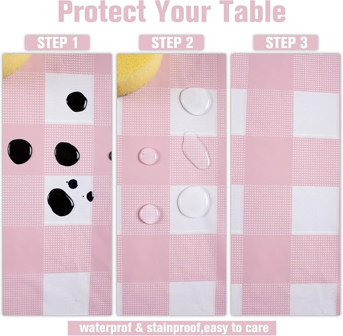 Kesfey 12 Packs Pink Gingham Tablecloth 54 x 108 Inches Pink and White Checkered Table Cloths Party Picnic Disposable Table Covers Splashproof Plastic Checkered Gingham Tablecover for Dinners Party