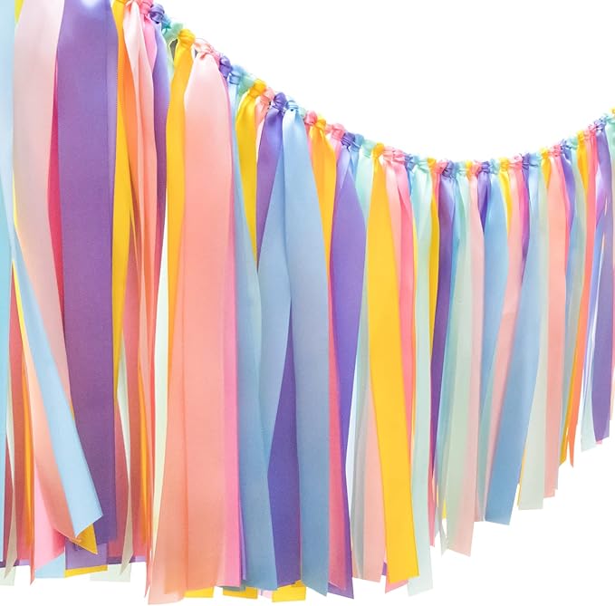Pastel Rainbow Ribbon Tassel Garland Colorful Fabric Banner Hanging Patry Decoration Backdrop for Baby Shower, Highchair, Birthday Macron Banner Backdrop Decor 40 Inches(L) X 14 Inches(W)