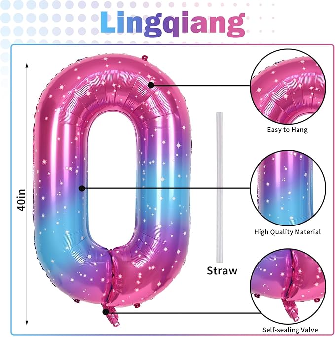 40 In Rianbow Large Numbers Balloons 0-9, Self Inflating Gradient Blue Pink Foil Number 0 Helium Balloons for Girls, Starry Digit 0 Balloons for Women Birthday Party Anniversary Supplies Decorations