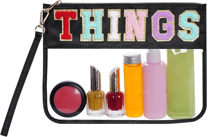 Chenille Letter Bag, Multi-purpose Nylon Clear Makeup Cosmetic Bags Flat Pouches with Zipper for Travel, Gym, Beach (Black-Things)