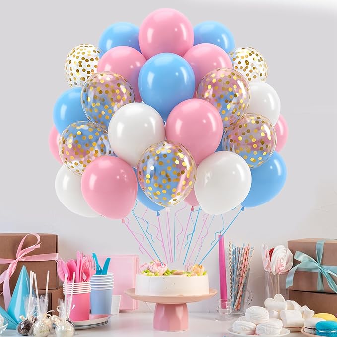 Patimate Gender Reveal Pink and Blue Balloons Set, 50 pcs 12 inch Pastel Blue Pink White Confetti Latex Balloons Kit for Gender Reveal Baby Shower Birthday Party Decorations