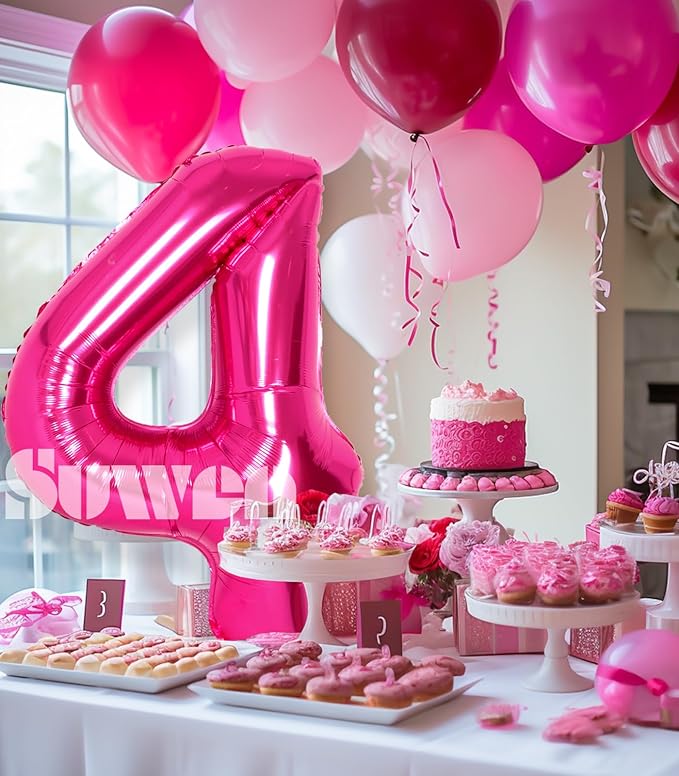 SUWEN 40 Inch Hot Pink Large 4 Number Balloons Big Foil Helium Number Balloons 0-9 Jumbo Happy 4th Mylar Birthday Party Decorations for Girl Anniversary Party Supplies