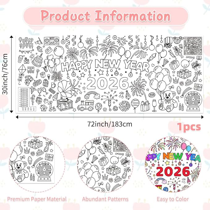 Happy New Year Coloring Tablecloth/Poster, New Years Decorations 2026, 72"x30" Giant Paper Coloring Banner Tablecloth for Kids Crafts Activities Party Decorations, Fun DIY New Years Eve Party Supplies