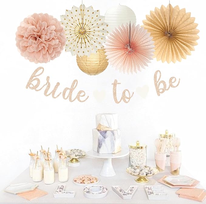 Champagne-Gold Beige Fall Boho Bachelorette Party-Decorations - 21pcs Women Bridal Shower Banner Garland,Bride To Be Paper Streamers Lanterns,Flower Tissue Pom Poms Fan Favors Wedding Decor Huglony