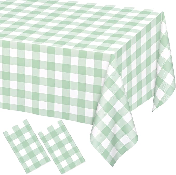 WNINK 2 Pack Sage Green Checkered Rectangular Plastic Tablecloths, Green Gingham Waterproof Disposable Table Covers 54" x 108" for Birthday, Baby Shower, Wedding, Outdoor Picnic Parties