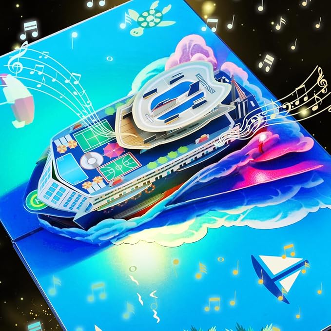Musical Cruise Ship Pop Up Card, Light & Music Dad Birthday Cards, 3D Father's Day Card, Music Pop Up Birthday Card, Happy Anniversary Card, for All Occasion with Envelope.
