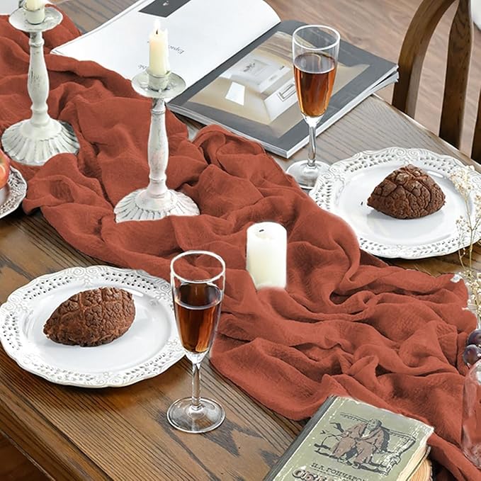 Artoid Mode Boho Cheesecloth Gauze Terracotta Wedding Table Runner, 160 Inch Seasonal Fall Thanksgiving Fabric Kitchen Dining Holiday Table Decor for Home Party Indoor