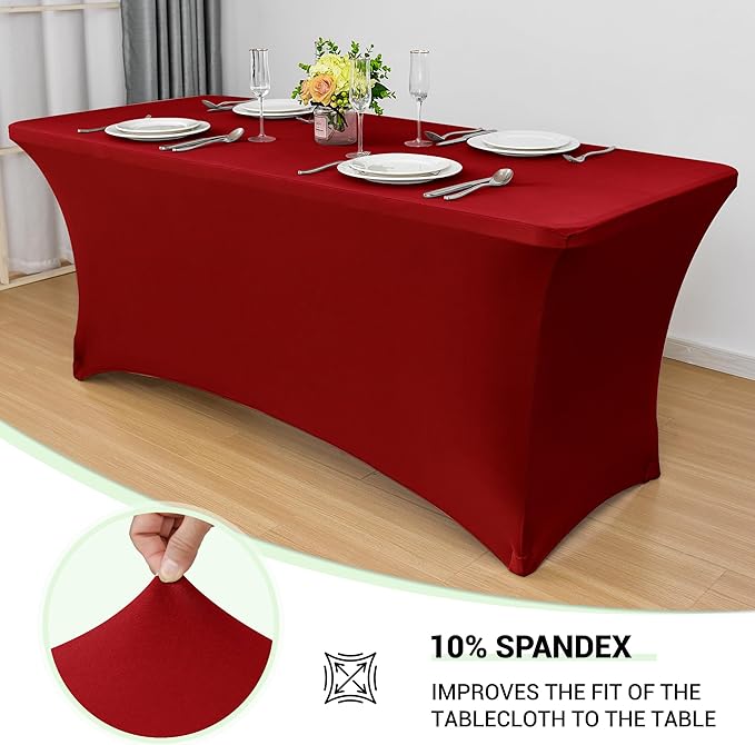 Obstal 6ft Stretch Spandex Red Table Cover for Standard Folding Tables - 2 Pack Universal Rectangular Fitted Tablecloth Protector for Holiday Party, 72L x 30W x 30H Inches, Christmas, 2pc