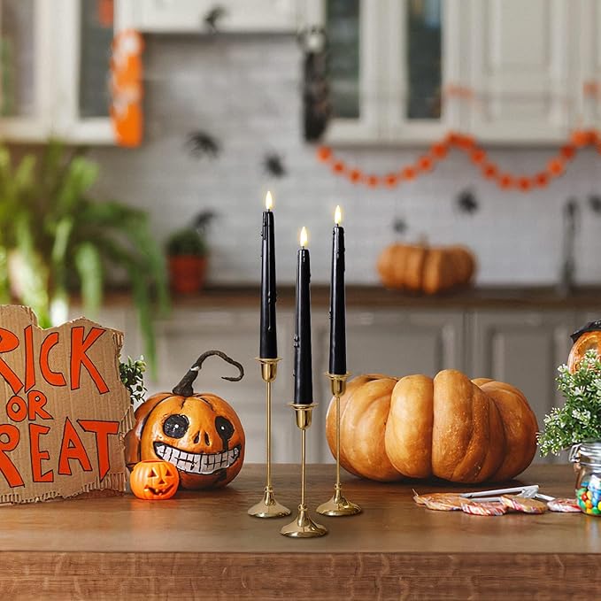 Black Flameless Taper Candles with Remote and Timer - 9.65 Inch Real Wax LED Candlesticks - Wax Drip Battery Operated Halloween Taper Candles with 3D Flickering Flame Halloween Decor, 3 Pack