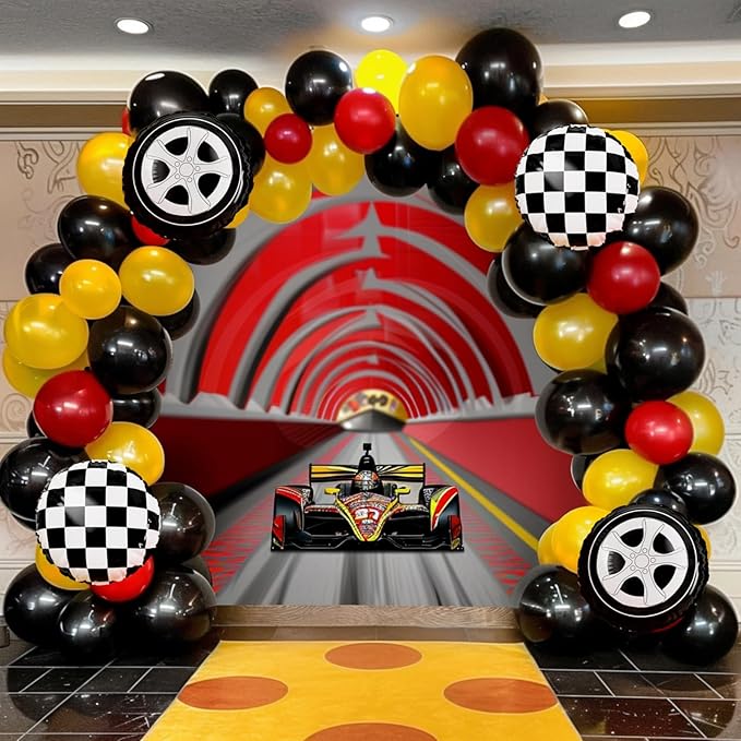 Race Car Balloon Garland Arch Kit, 160Pcs Red Yellow Black Latex Balloons Wheel Checkered Foil Balloons for Racing Car Two Fast 2nd Birthday Party Decorations