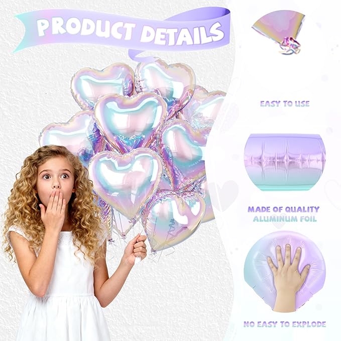 Iridescent Heart Balloons, 10 Pcs Transparent Rainbow Heart Shaped Balloon, 18 Inch Gradient Clear Foil Balloons for Engagement Brithday Baby Shower Wedding Valentines Mermaid Party Decorations