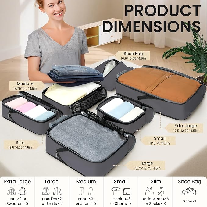 BAGAIL 4 Set/6 Set/8 Set Compression Packing Cubes Travel Accessories Expandable Packing Organizers (Half Mesh, 6-Dark Grey)