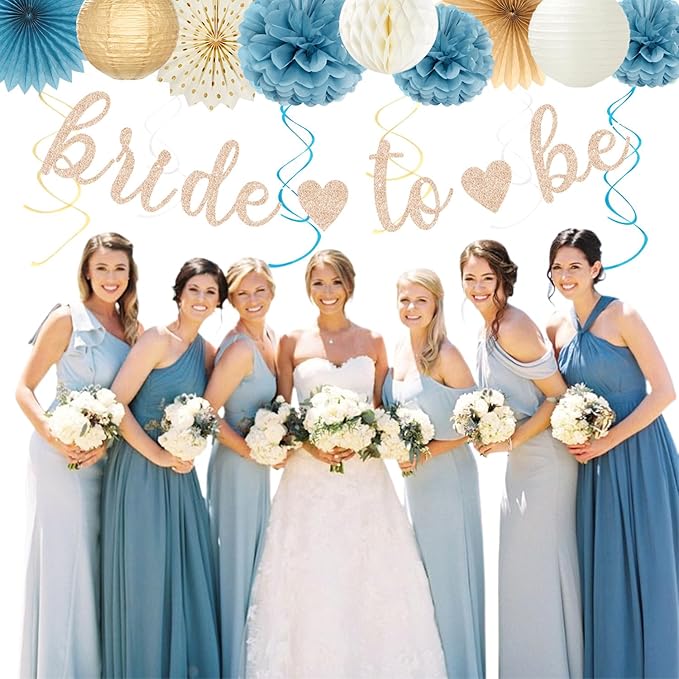 Beige-Champagne-Blue Boho Bachelorette Party-Decorations - 21pcs Women Bridal Shower Banner Garland,Bride To Be Paper Streamers Lanterns,Flower Tissue Pom Poms Fan Favors Wedding Decor Huglony