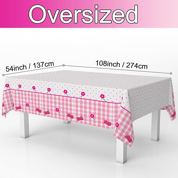 Pink Bow Flower Tablecloth 4 Packs, Pink White Gingham Cute Plastic Tablecloths Disposable Birthday Party Decoration, 54" x 108" Waterproof Tablecloth for Girls Birthday Princess Party Supplies