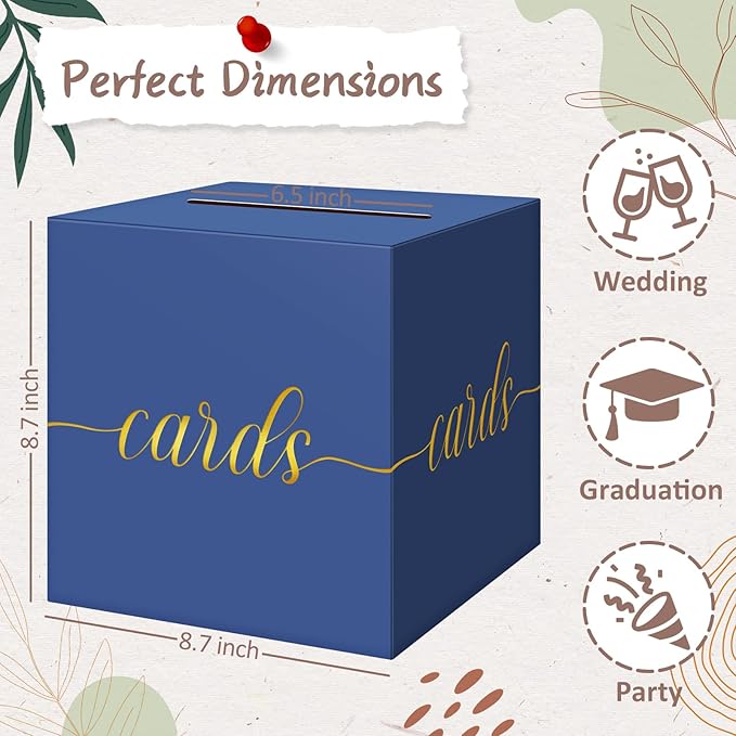 QIKSION Navy Blue Graduation Card Box, Gold Foil Gift Card Box for Graduation, Party, Wedding Reception, Birthday, Baby Shower, Raffle