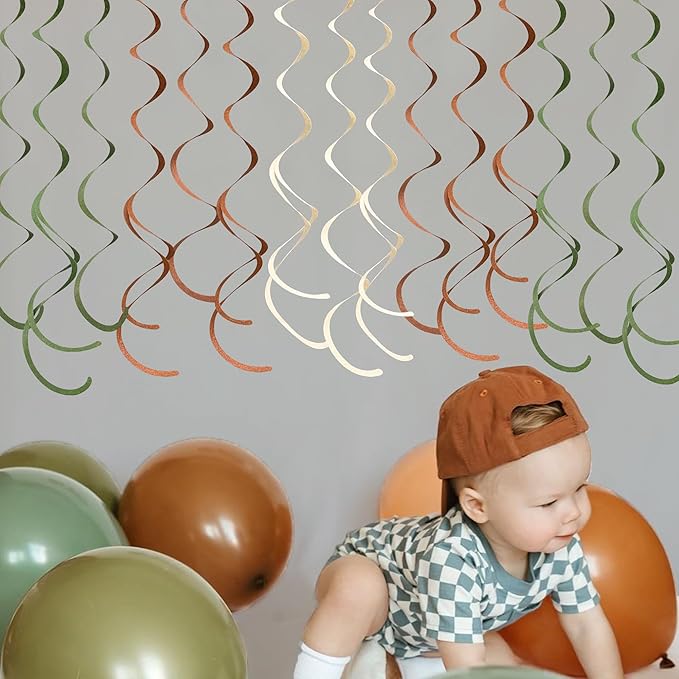 36 Pcs Jungle Hanging Swirl Decorations Sage Green Brown Beige Felt Swirl Streamer Spiral Ceiling Garland for Safari Jungle Woodland Wild One Birthday Neutral Baby Shower Party Decorations Supplies