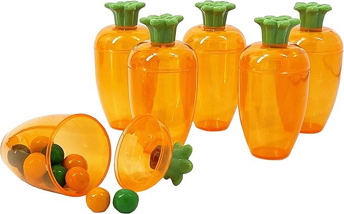 12 Pcs 4” Inches Plastic Empty Carrot Shaped Easter Eggs Fillable, Clear Bright Orange Plastic Carrot Egg for Easter Hunt, Themed Party, Basket Stuffers, Toys Filling Treats 12-Pack