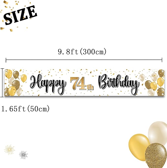 Happy 74th Birthday Decorations,74th Gold Balloon Large Birthday Hanging Banner Sign - Cheers to 74 Years Old Bday Party Supplies.