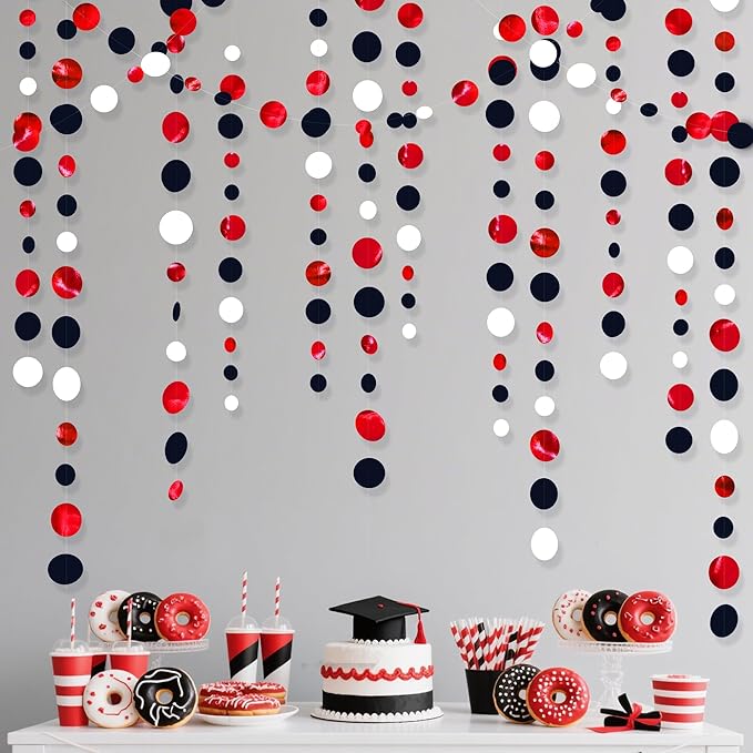 46 Ft Red Black and White Circle Dots Garland Hanging Paper Polka Dots Streamer for Graduations Birthday Bachelorette Engagement Wedding Bridal Shower Holiday Casino Poker Pirate Party Decorations