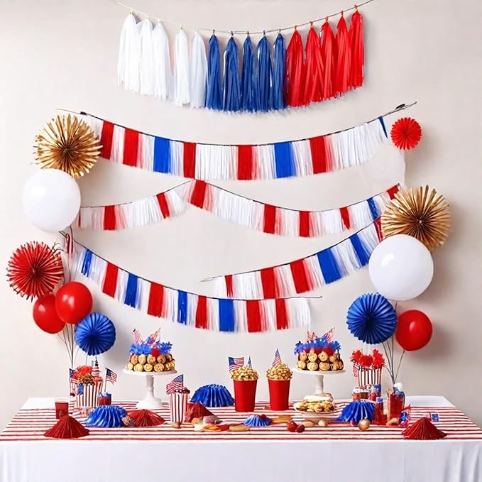 Aimto 15pcs Red Blue White Tassel Garland Banner Tissue Paper Tassels for 4th/Fourth of July Patriotic Decorations