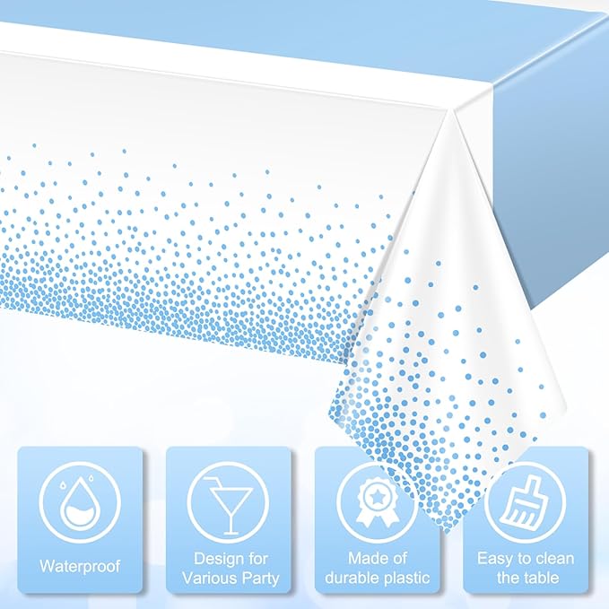 MASHAN 1Pcs White Light Blue Tablecloth Party Decorations,Plastic White Table Cloth Printed Baby Blue Table Runner Disposable Rectangle Cover for Birthday Baby Shower Wedding Party,54 x108 Inch